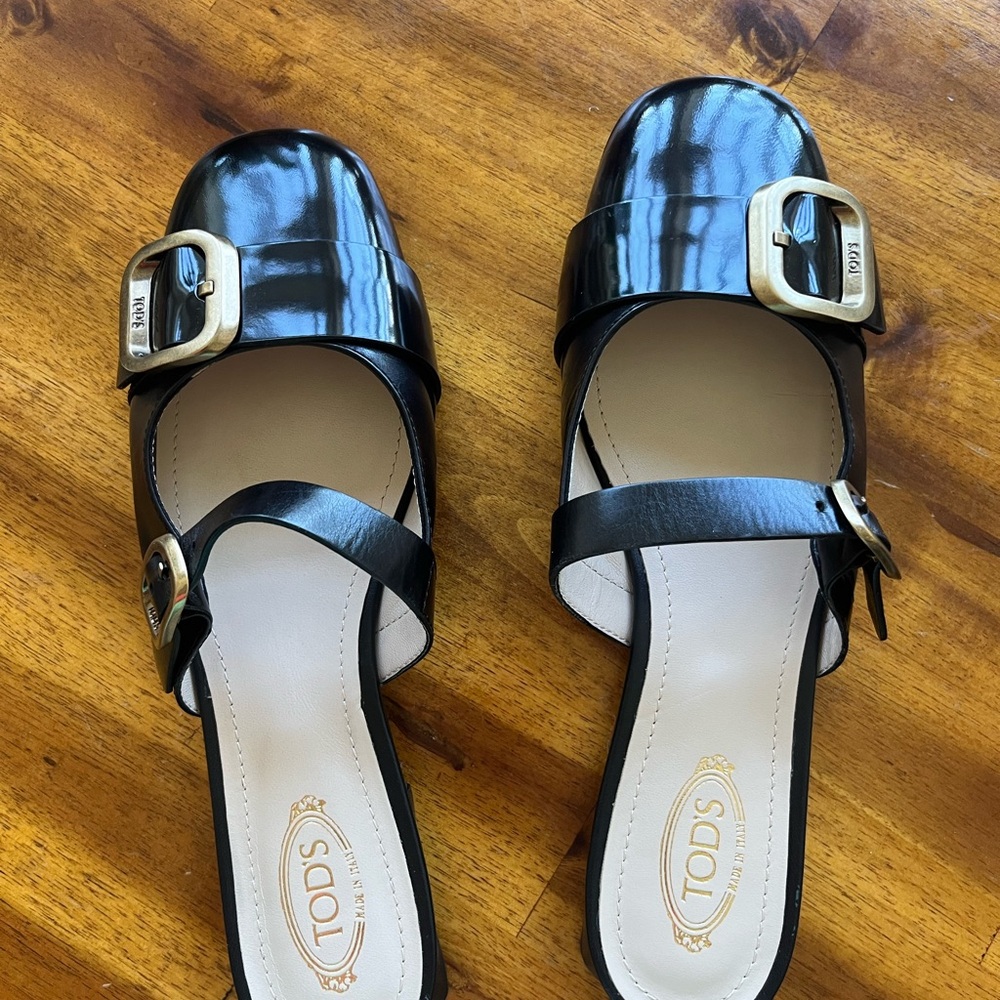 Tod's Black Flats with Gold Buckles Size 38.5